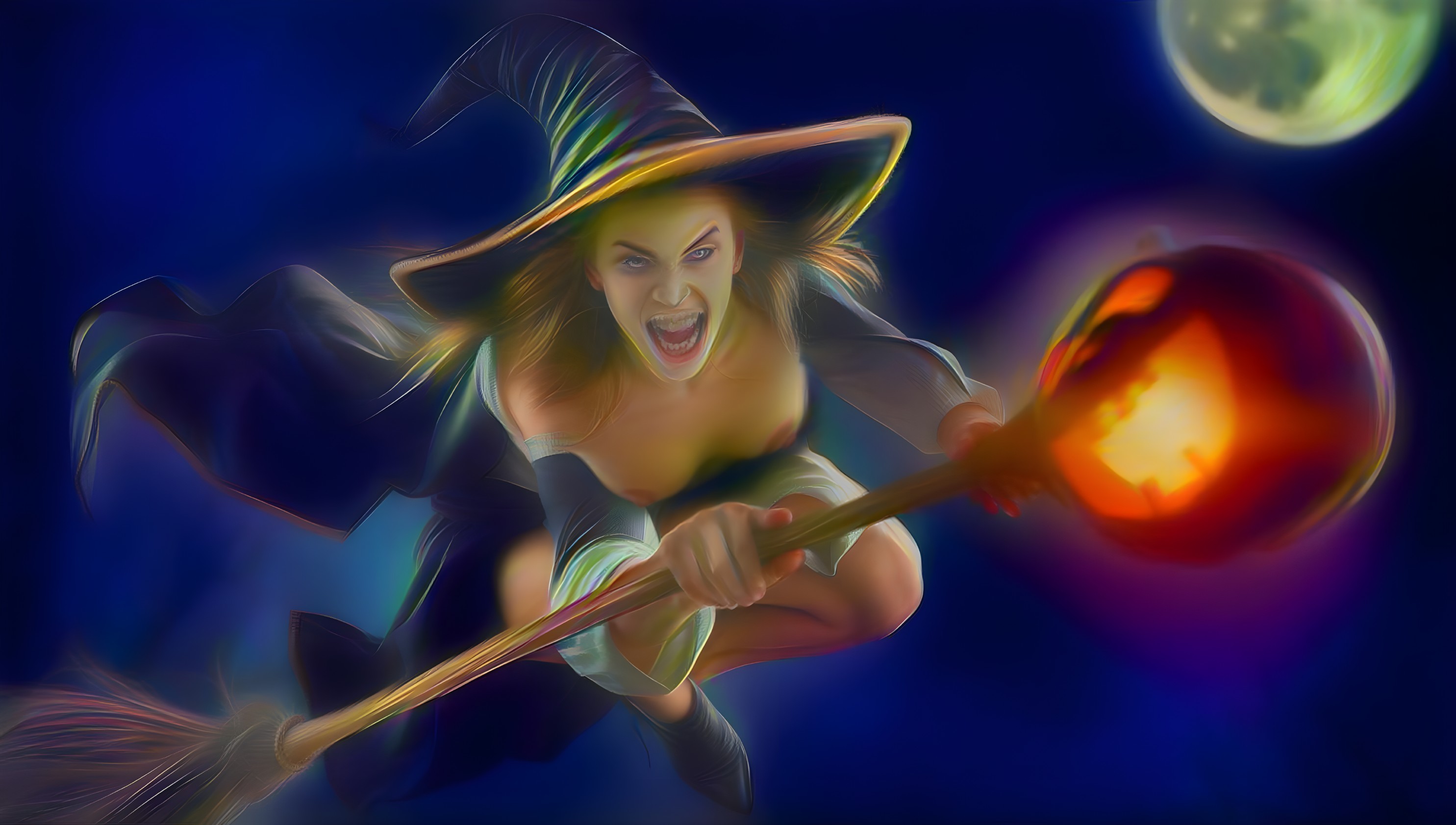 Witch on Broomstick with Glowing Jack-o'-Lantern
