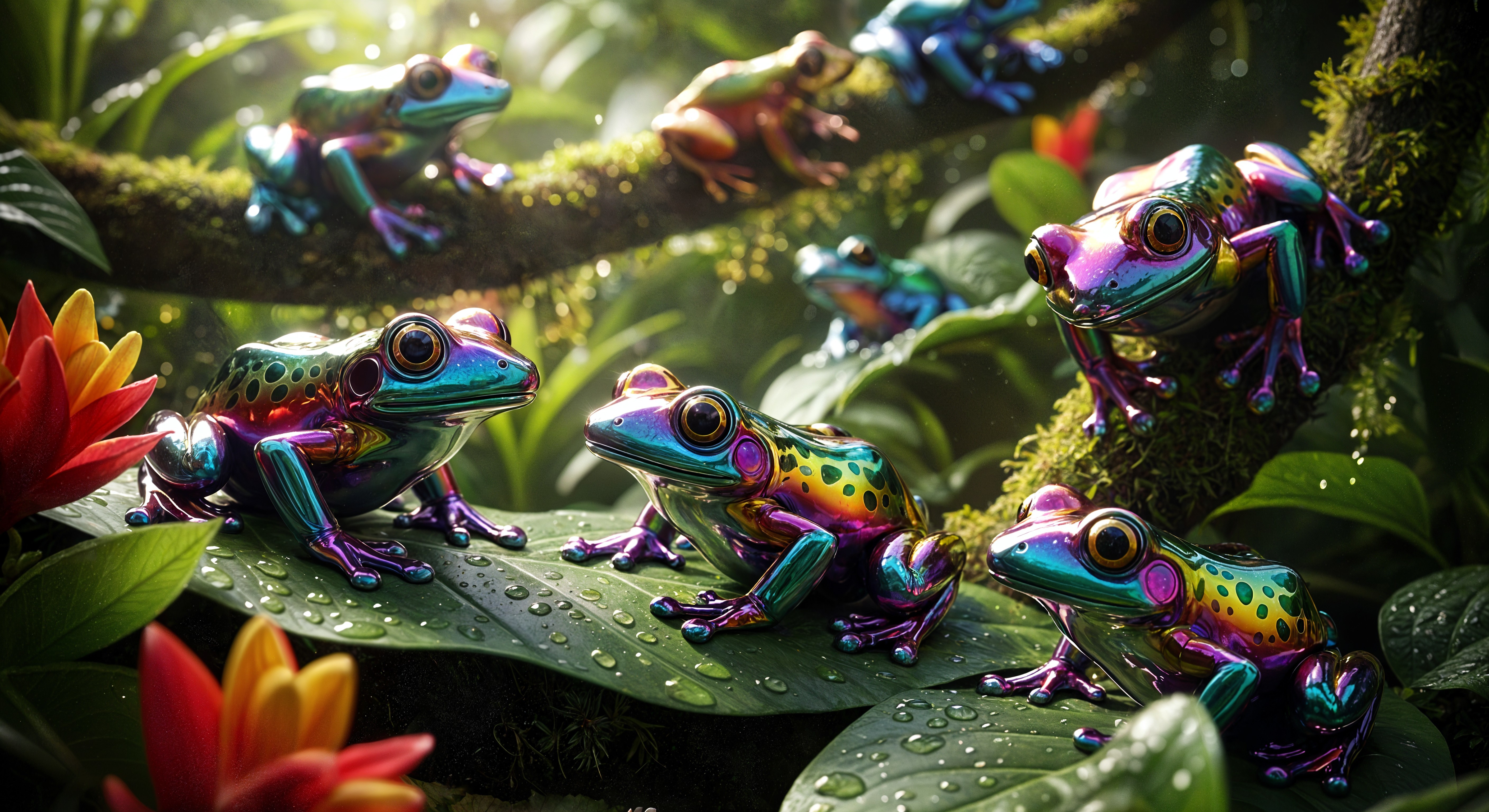 Glossy Multi-Colored Frogs on Lush Green Leaves