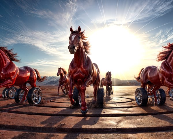 Majestic horses with wheels in a surreal landscape