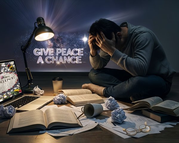 Student Surrounded by Books and Starry Night Sky