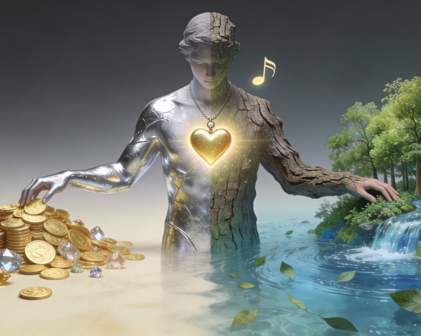 3D Render of a Dual Nature Figure with Gold Accents