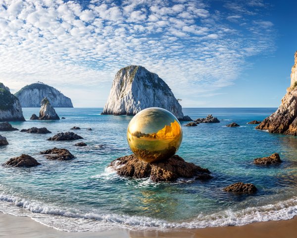 Serene Beach Scene with Golden Sphere and Cliffs