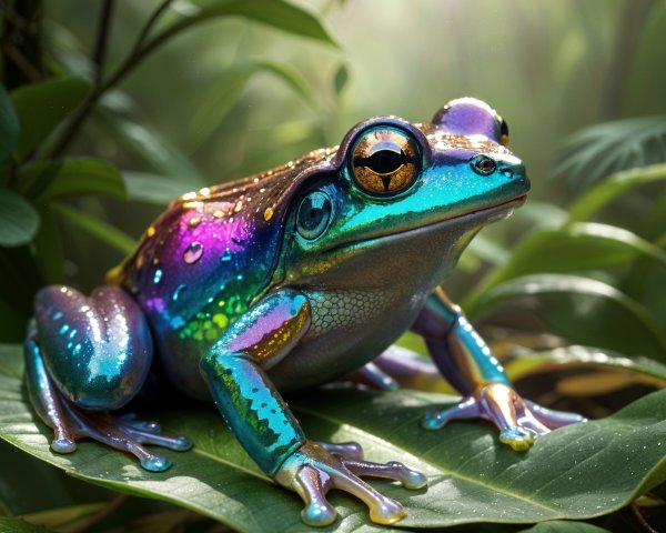 Iridescent Frog on a Lush Green Leaf in Rainforest