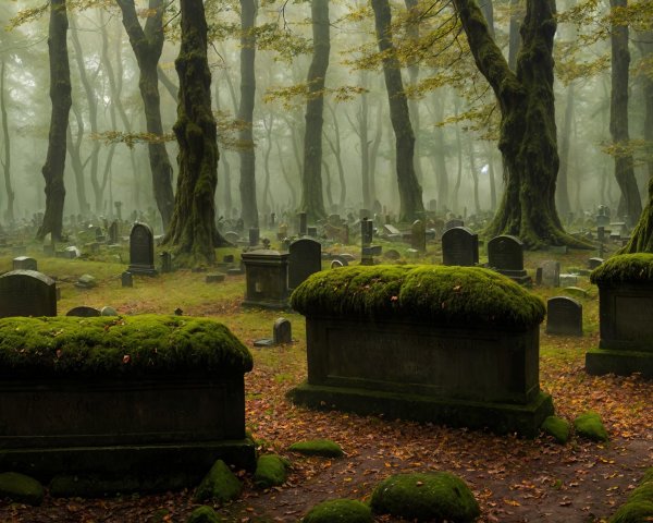 Misty Graveyard Surrounded by Ancient Trees and Moss