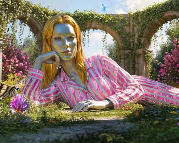Surreal Scene of a Woman in a Flower Garden