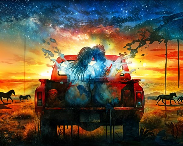 Couple on Truck Tailgate Against Sunset Landscape
