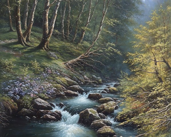Serene Landscape with Stream and Lush Forest