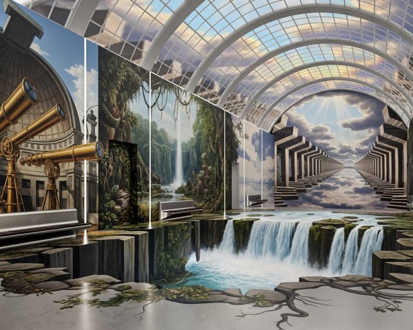 Surreal Gallery with Vibrant Landscapes and Waterfall