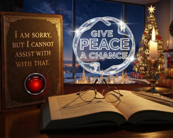 AI-Themed Holiday Scene with Book and Cityscape