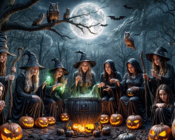 Witches Gather Around Cauldron in Moonlit Forest