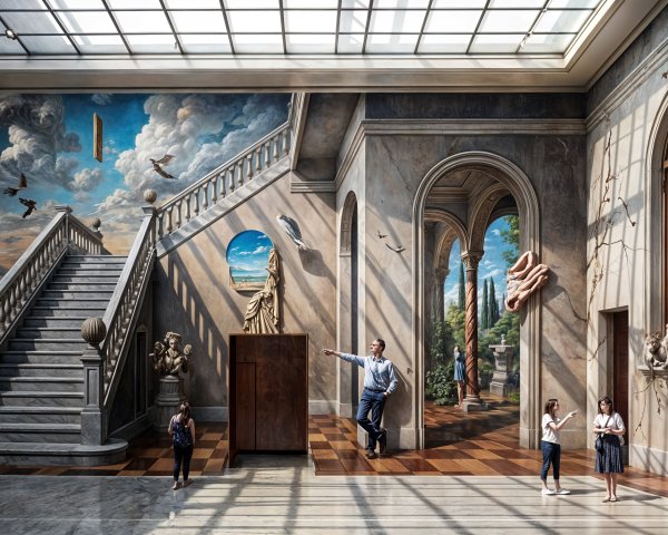 Surreal Interior with Elaborate Murals and Staircase