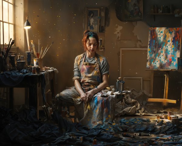 Young Woman in Paint-Splattered Studio Surrounded by Canvases