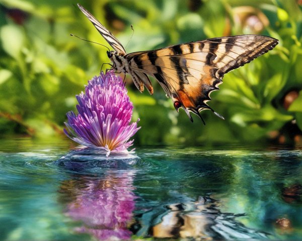 Butterfly on Purple Flower Amidst Lush Greenery