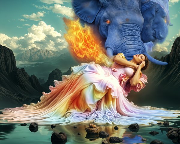 Surreal Landscape with Woman and Fire-Breathing Elephant