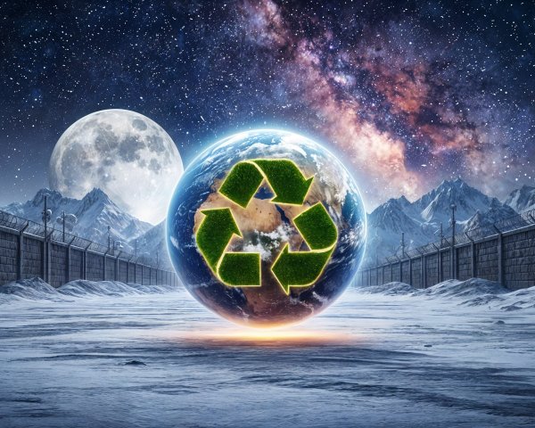 Stylized Earth in Cosmic Landscape with Recycling Symbol