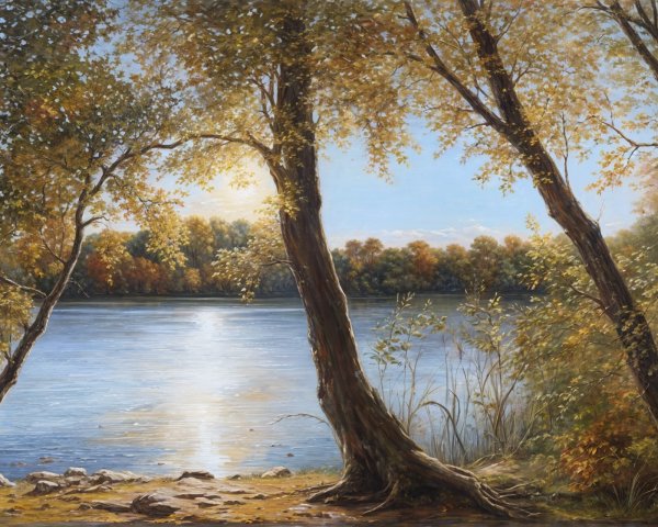 Serene Lakeside Landscape with Autumn Foliage