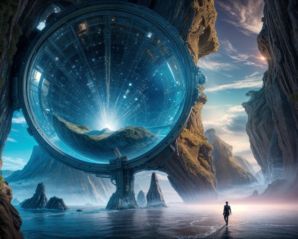 Futuristic portal amid cliffs with vibrant sky hues