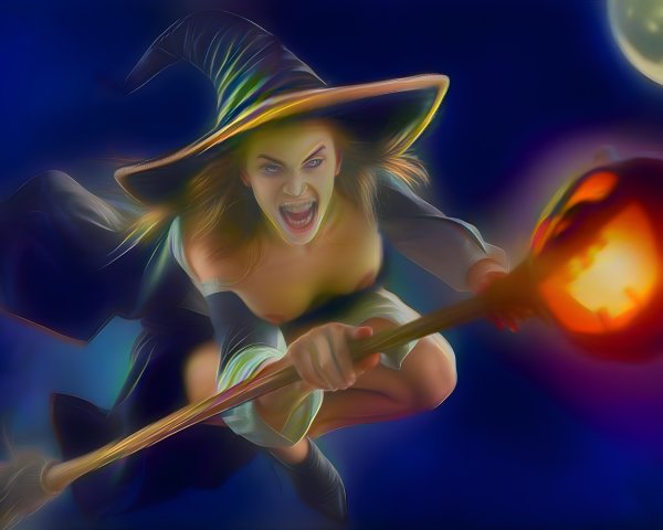 Witch on Broomstick with Glowing Jack-o'-Lantern