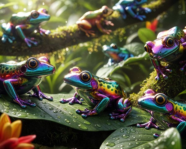 Glossy Multi-Colored Frogs on Lush Green Leaves