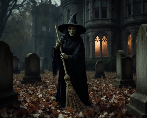 Witch in Graveyard with Gothic Mansion Background