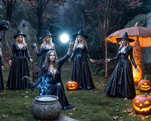 Seven Witches in Black Gowns in a Mystical Forest