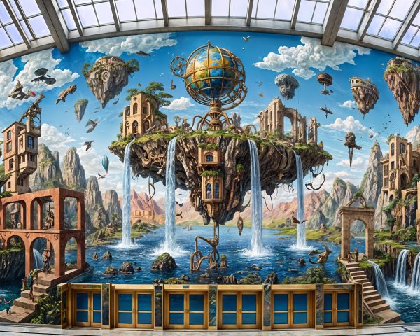 Fantastical Mural of Floating Islands and Waterfalls