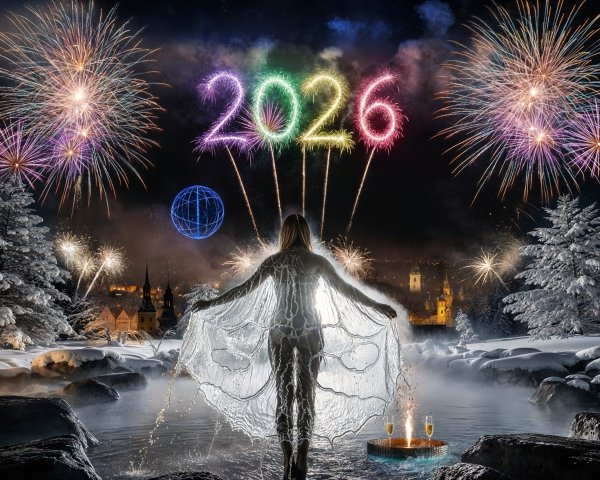 Festive Winter New Year's Eve Scene with Fireworks