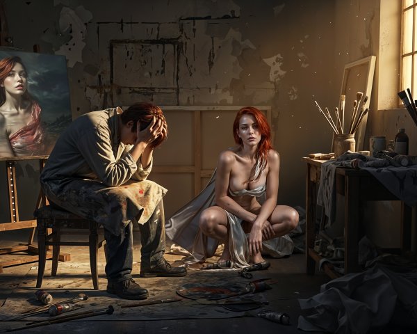 Dimly Lit Studio with Painter and Red-Haired Model