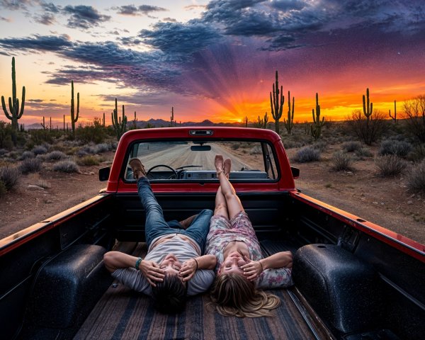 Couple Relaxing in Pickup Truck at Sunset in Desert