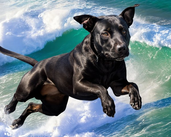 Black Dog Leaping Through Ocean Waves at the Beach