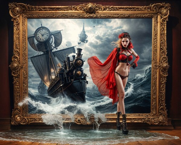 Dramatic Scene in Gallery with Ocean Artwork and Woman