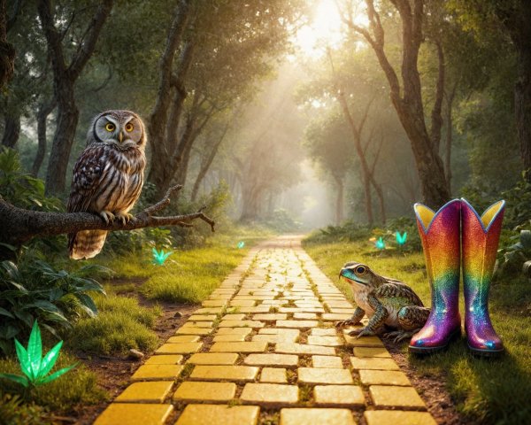 Magical Forest Scene with Owl, Frog, and Boots