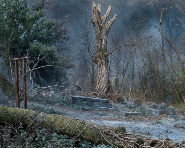 Misty Landscape with Dead Tree and Gravestone
