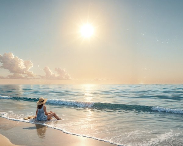 Serene beach scene at sunrise with a woman by water