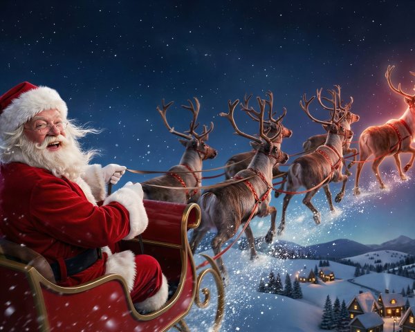 Santa Claus in a sleigh with reindeer in mid-air