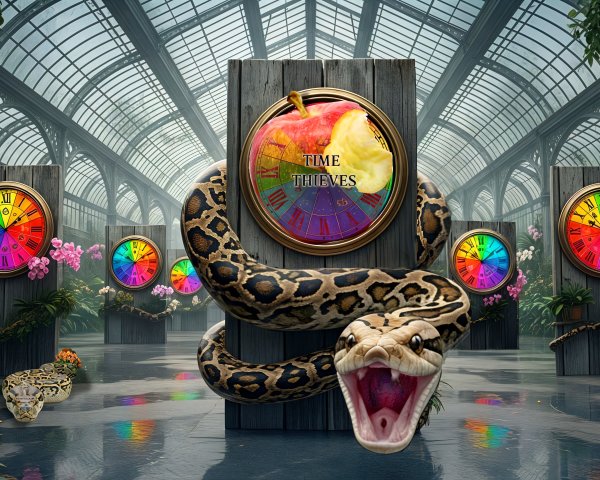 Orchids and Colorful Clocks in a Greenhouse Setting