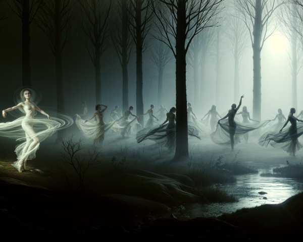 Ethereal Figures Dancing in a Misty Moonlit Forest