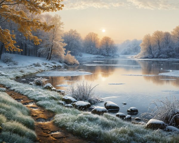 Serene Winter Landscape with Tranquil River and Snow