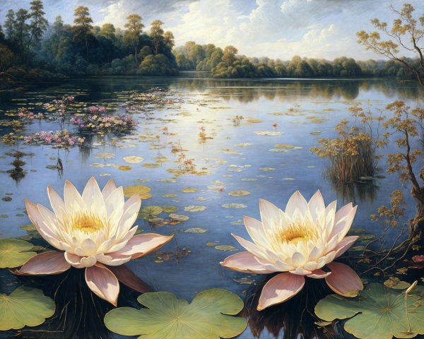Tranquil Lake with Vibrant Water Lilies and Greenery