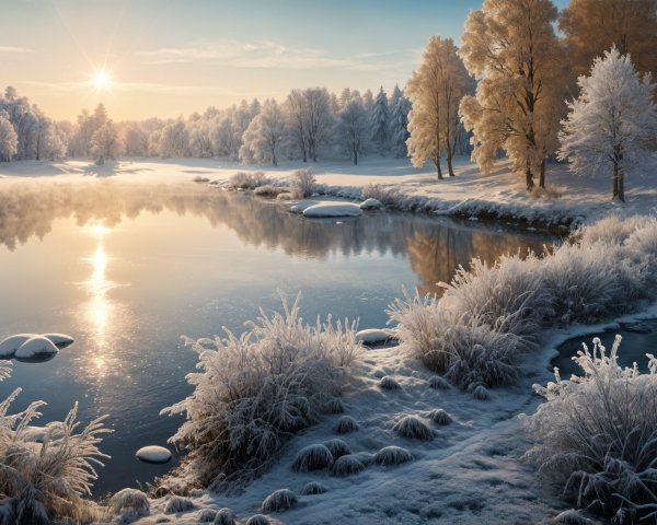 Tranquil Winter Sunrise Over a Frosty River Scene
