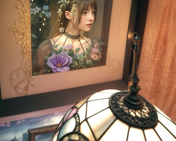 Vintage Lamp and Floral Portrait in Serene Room