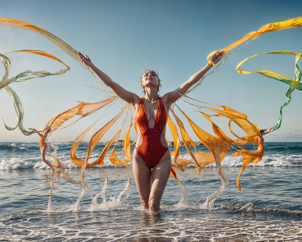 Woman in Ocean Water with Butterfly Fabric Wings