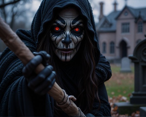 Cloaked Figure with Skull Face in Graveyard Scene