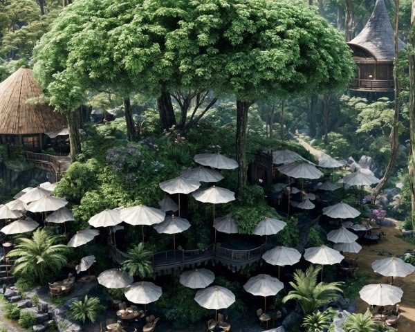 Lush Green Environment with Treehouses and Patios