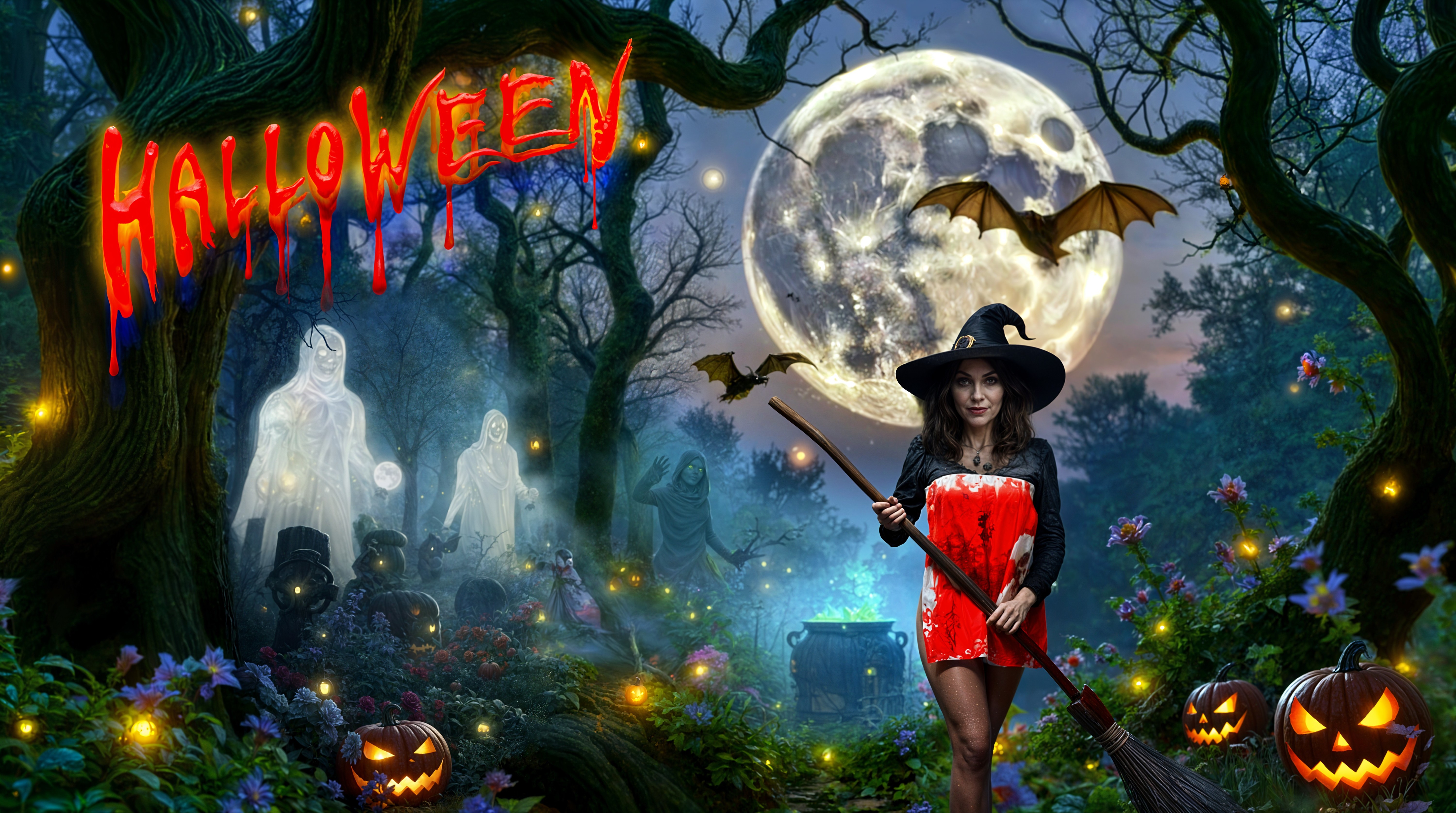 Mystical Halloween Scene with Witch and Full Moon