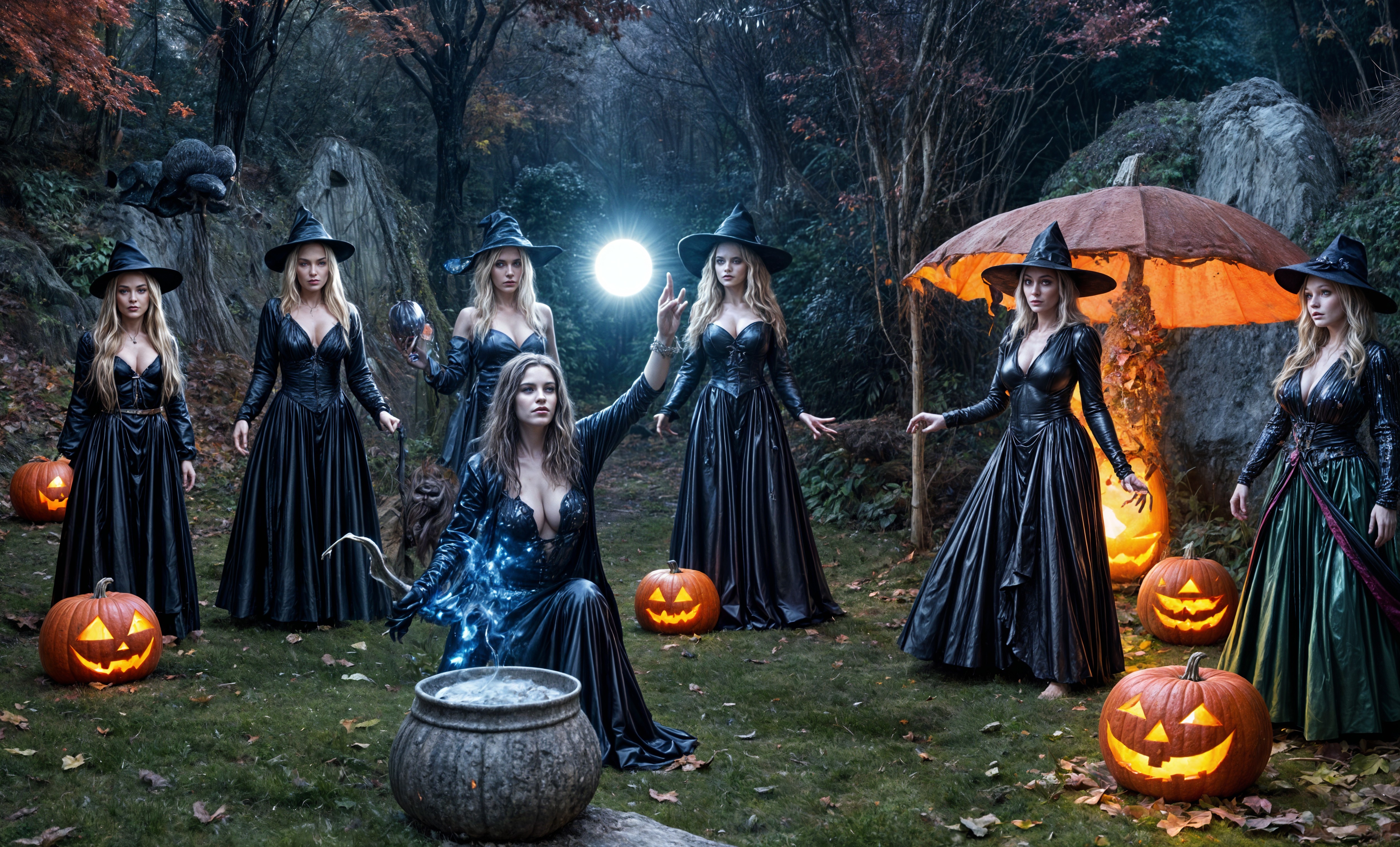 Seven Witches in Black Gowns in a Mystical Forest