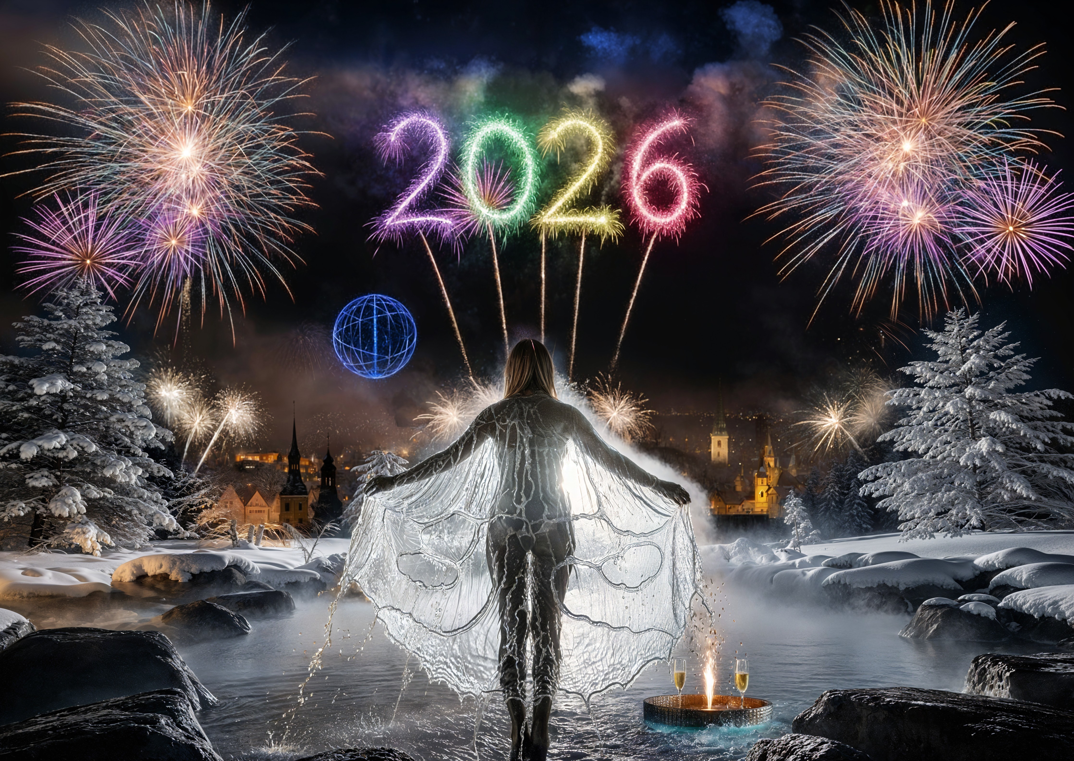 Festive Winter New Year's Eve Scene with Fireworks