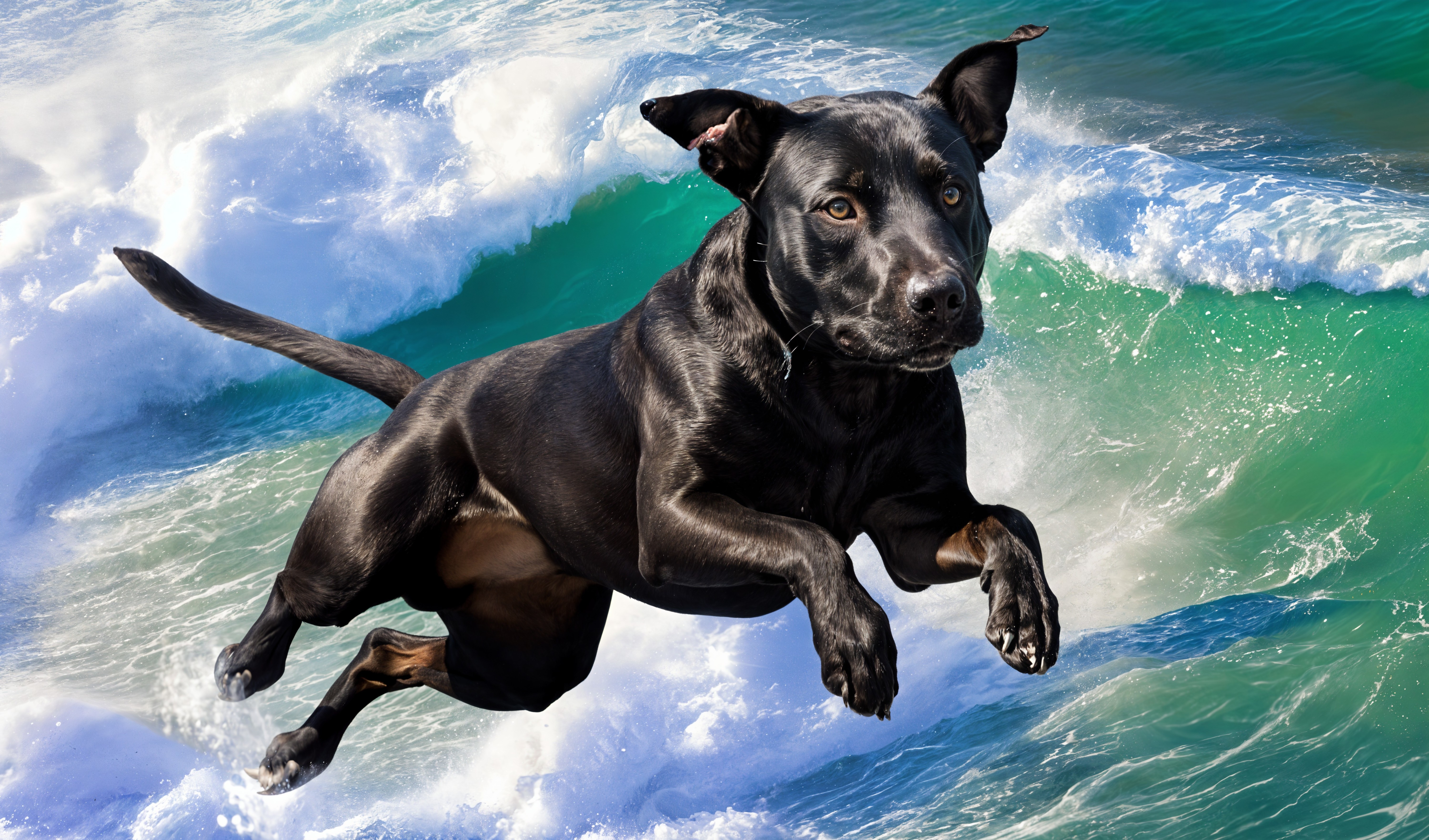 Black Dog Leaping Through Ocean Waves at the Beach