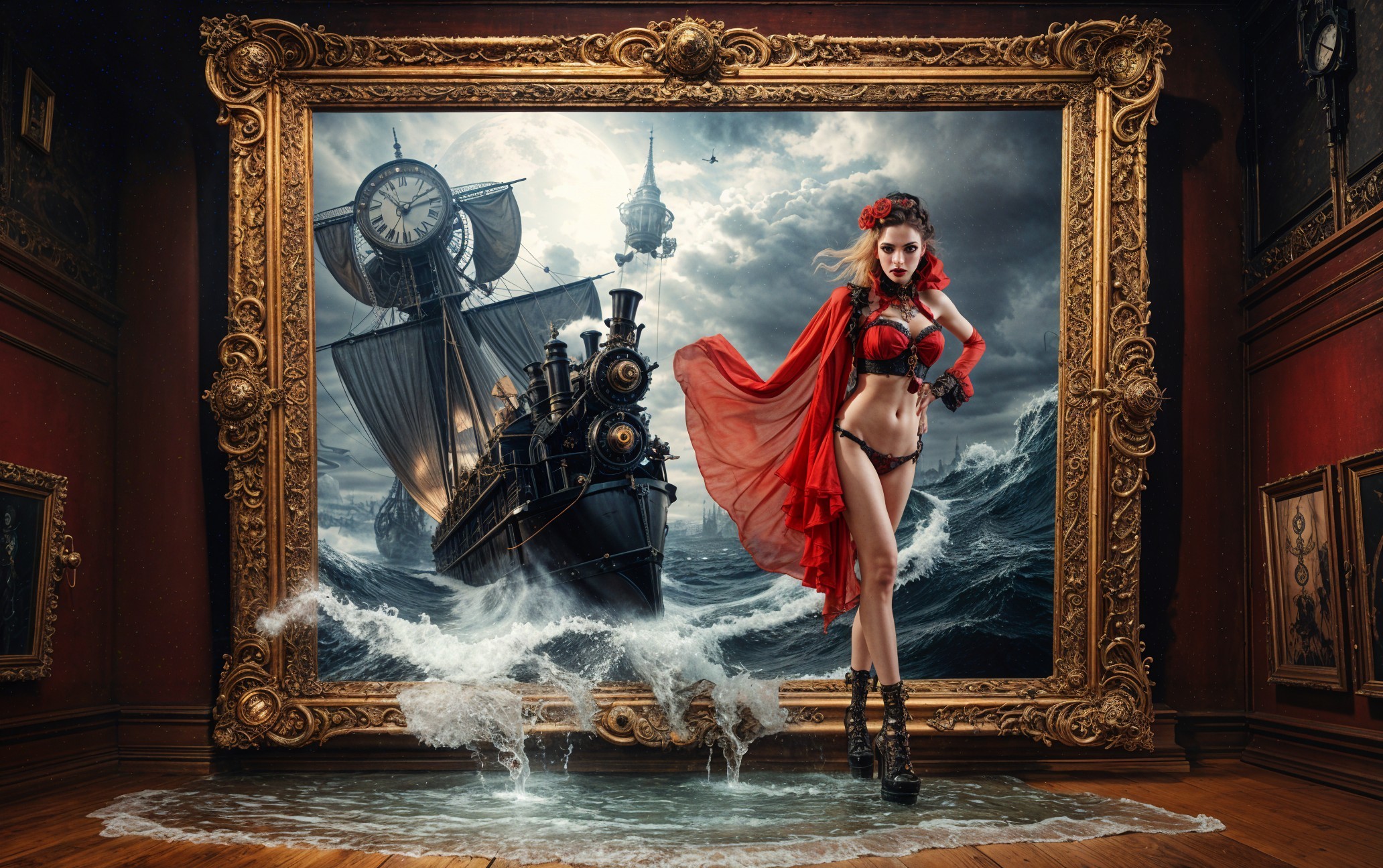 Dramatic Scene in Gallery with Ocean Artwork and Woman