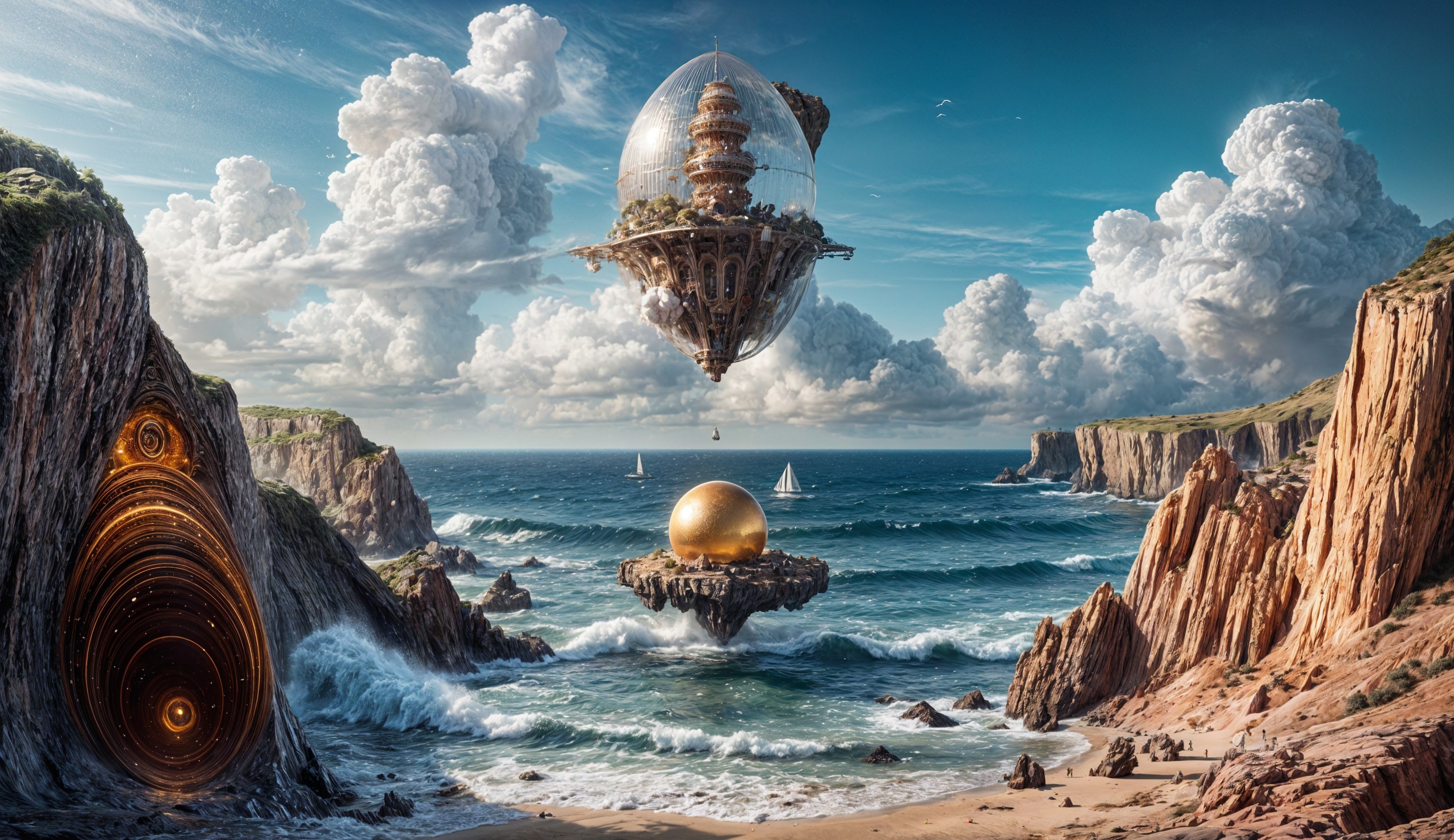 Surreal Coastal Landscape with Glass Dome Structure